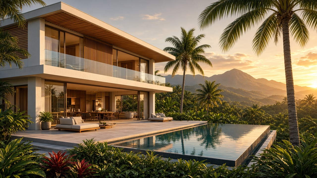 Modern two-story tropical house with infinity pool at sunset