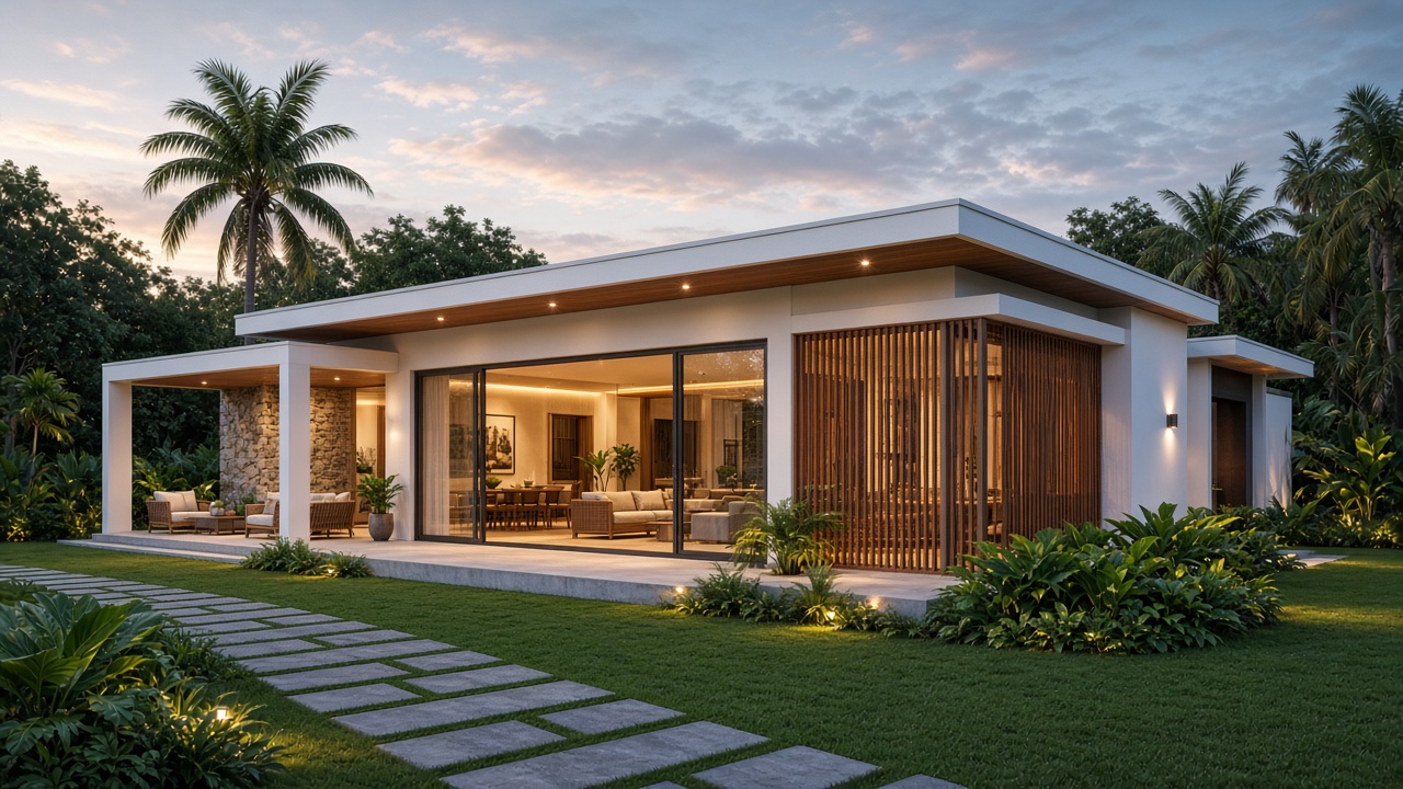 Finished modern single-story tropical villa at dusk