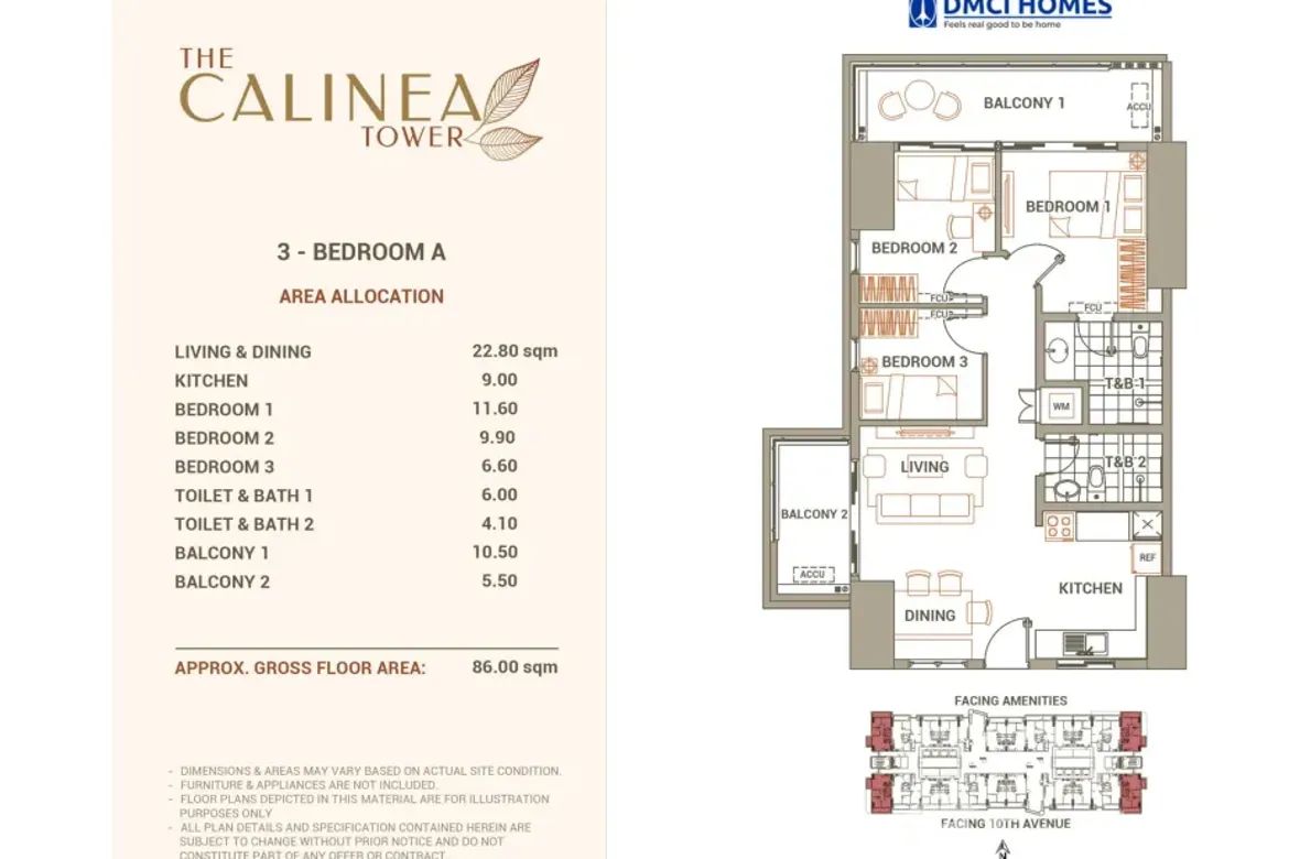 3 Bedroom Condo for Sale in The Calinea Tower, Barangay 91, Caloocan, Metro Manila near LRT-1 Monumento
