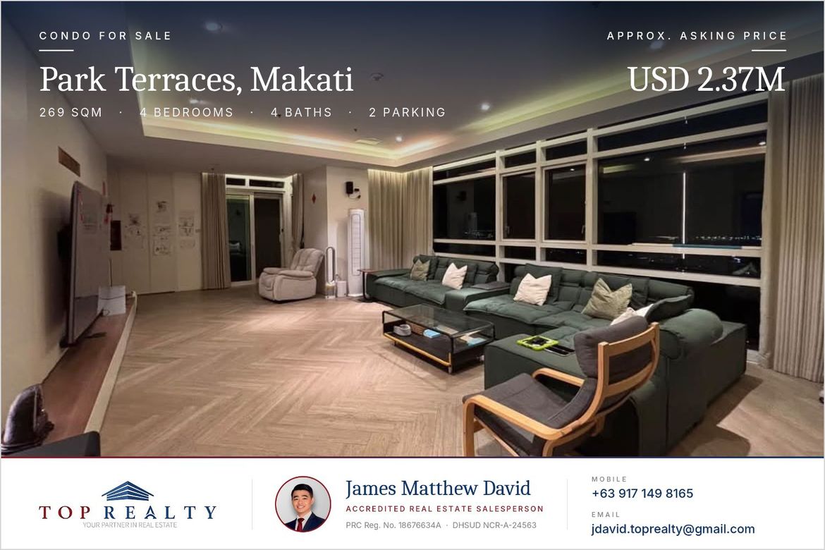 4 Bedroom Condo for Sale in Park Terraces, San Lorenzo, Makati, Metro Manila near MRT-3 Ayala